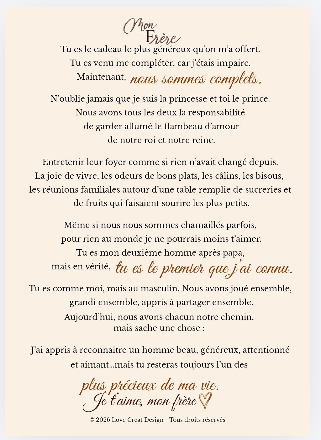 Carte "Un frère comme toi ne se remplace pas" — Lettre complète