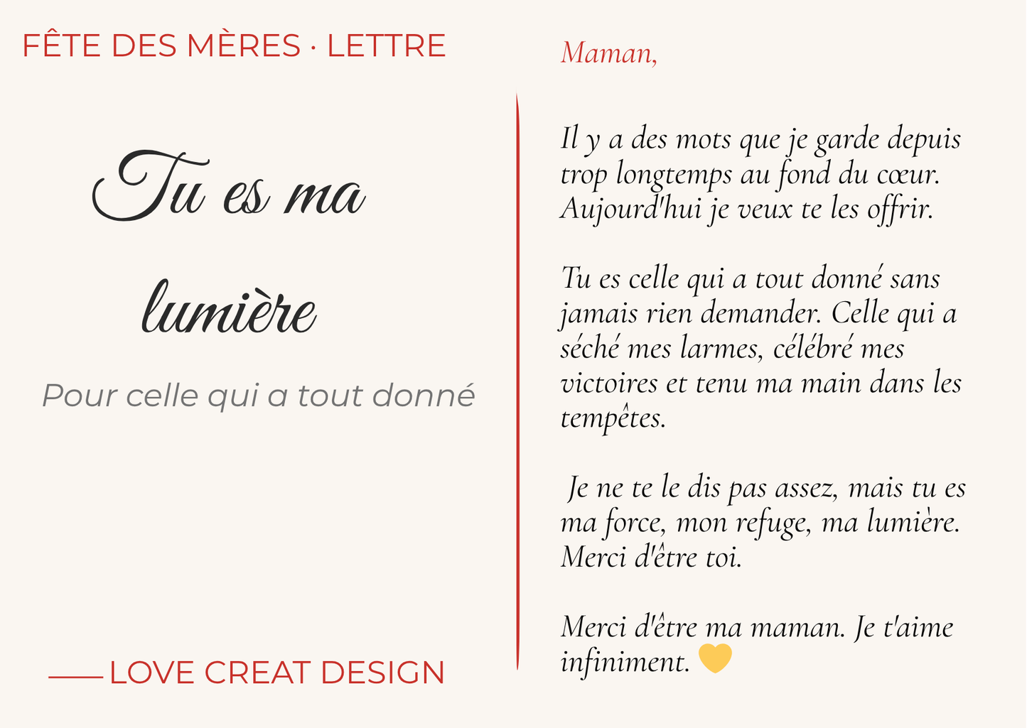 Carte "Tu es ma lumière" — Fête des Mères