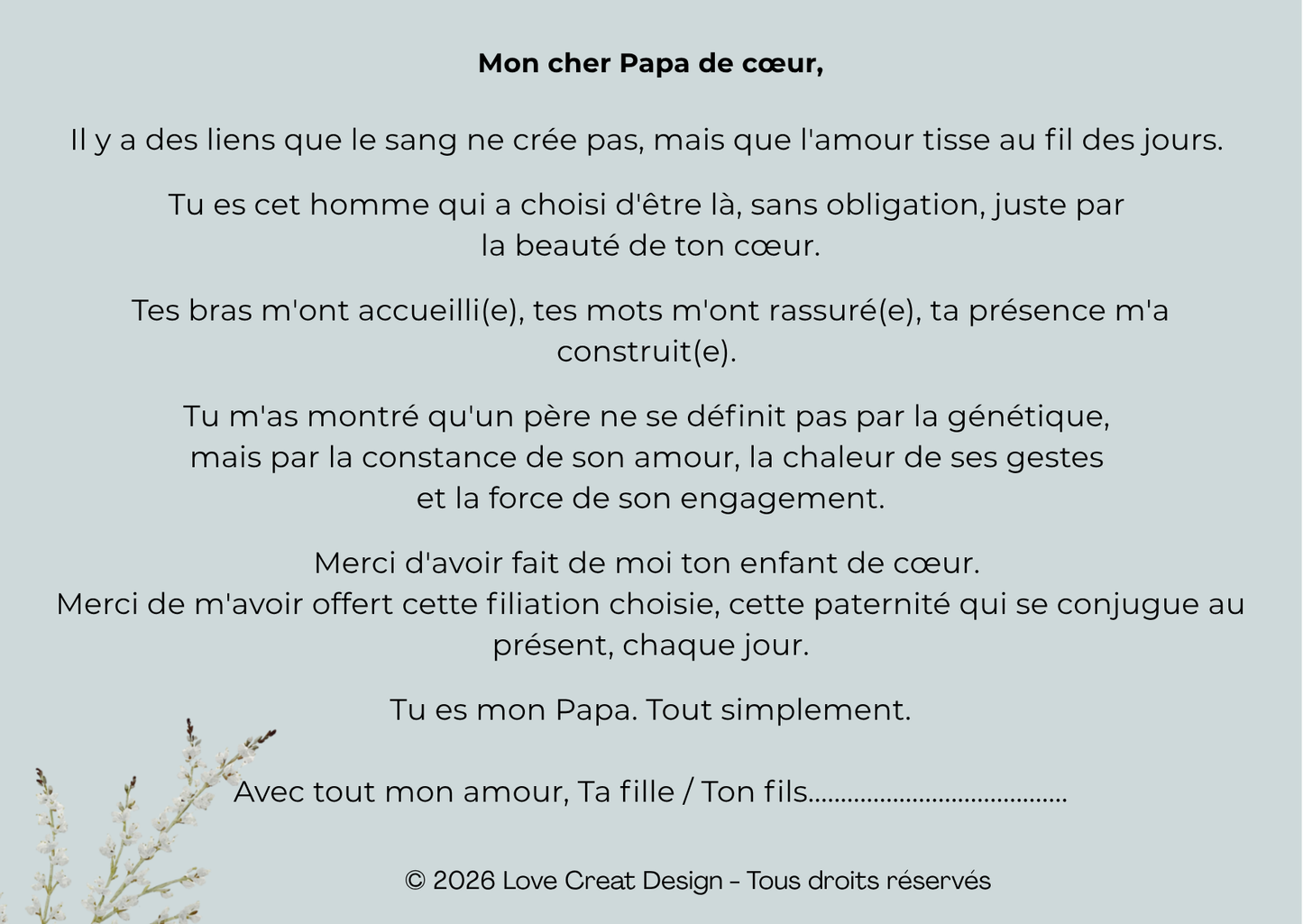Carte "Pour mon Papa de cœur" — Lettre d'amour | Love Creat Design