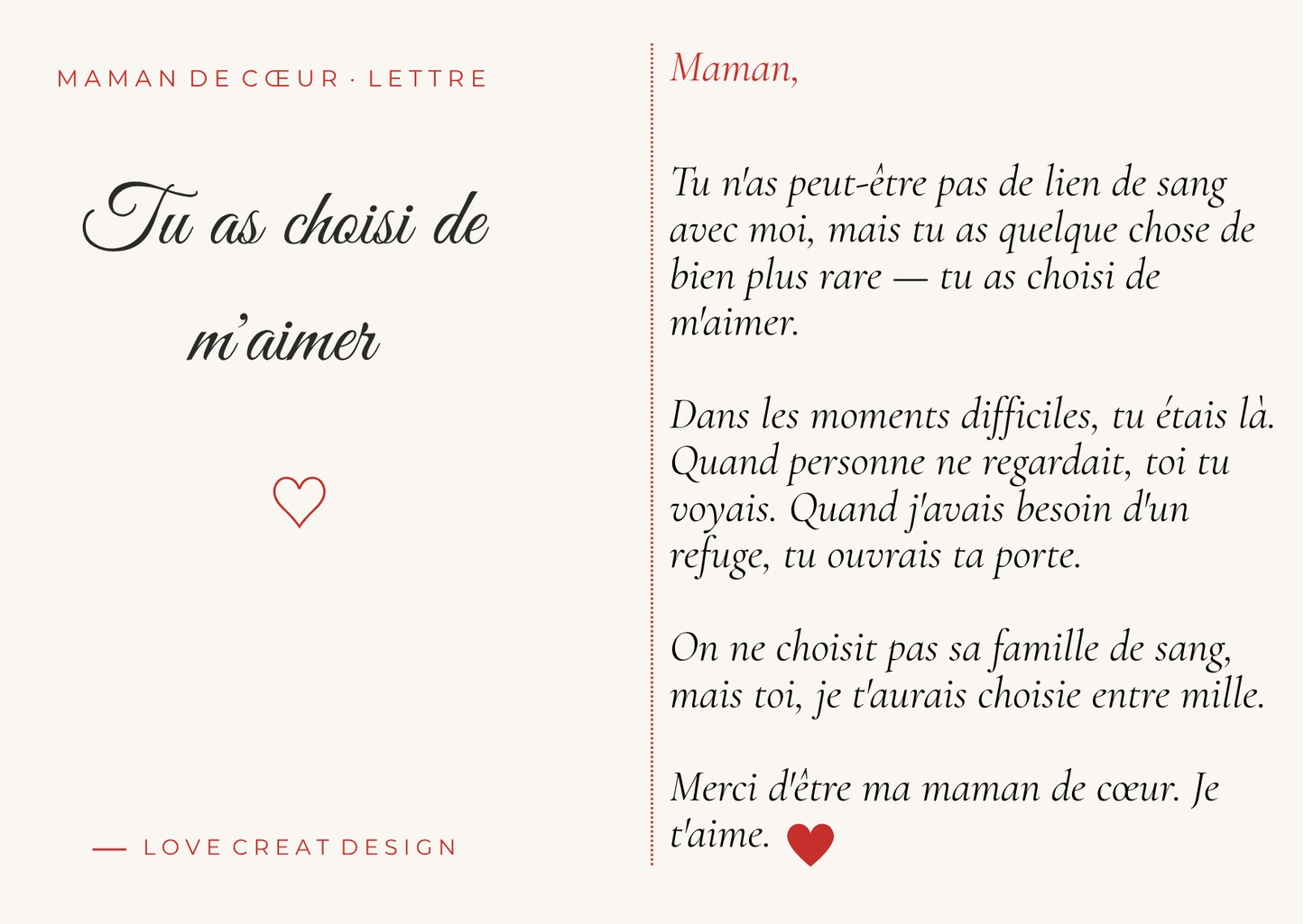 Carte "Tu as choisi de m'aimer" — Maman de Cœur