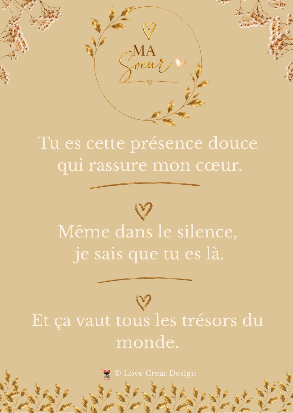Carte "Ma Sœur - Tu es cette présence douce" — Message poème