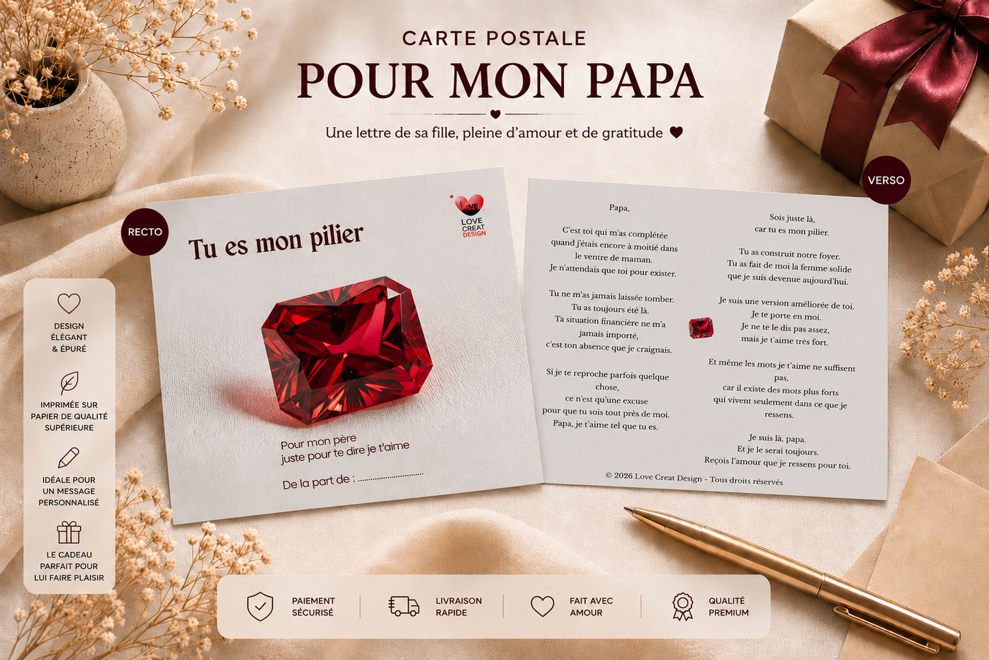 Carte "Tu es mon pilier" — De ta fille à son papa
