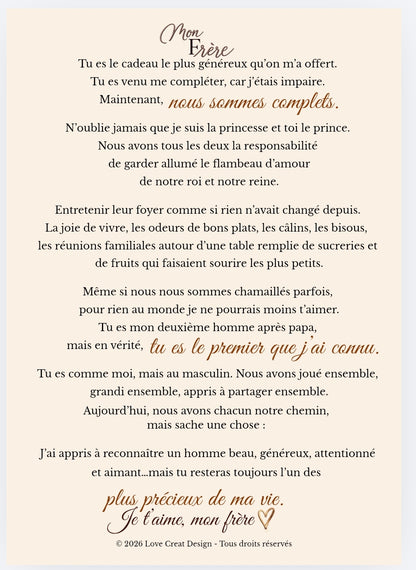 Carte "Un frère comme toi ne se remplace pas" — Lettre complète