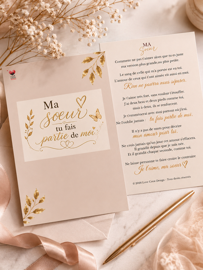 Carte "Ma sœur, tu fais partie de moi" — Lettre complète