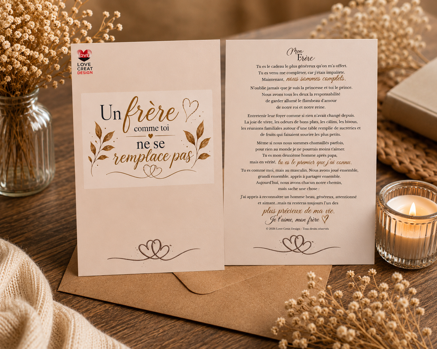 Carte "Un frère comme toi ne se remplace pas" — Lettre complète