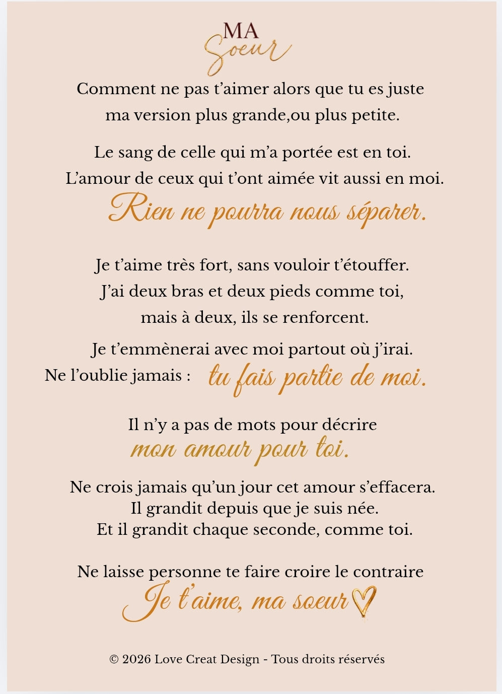Carte "Ma sœur, tu fais partie de moi" — Lettre complète