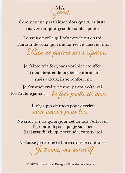 Carte "Ma sœur, tu fais partie de moi" — Lettre complète